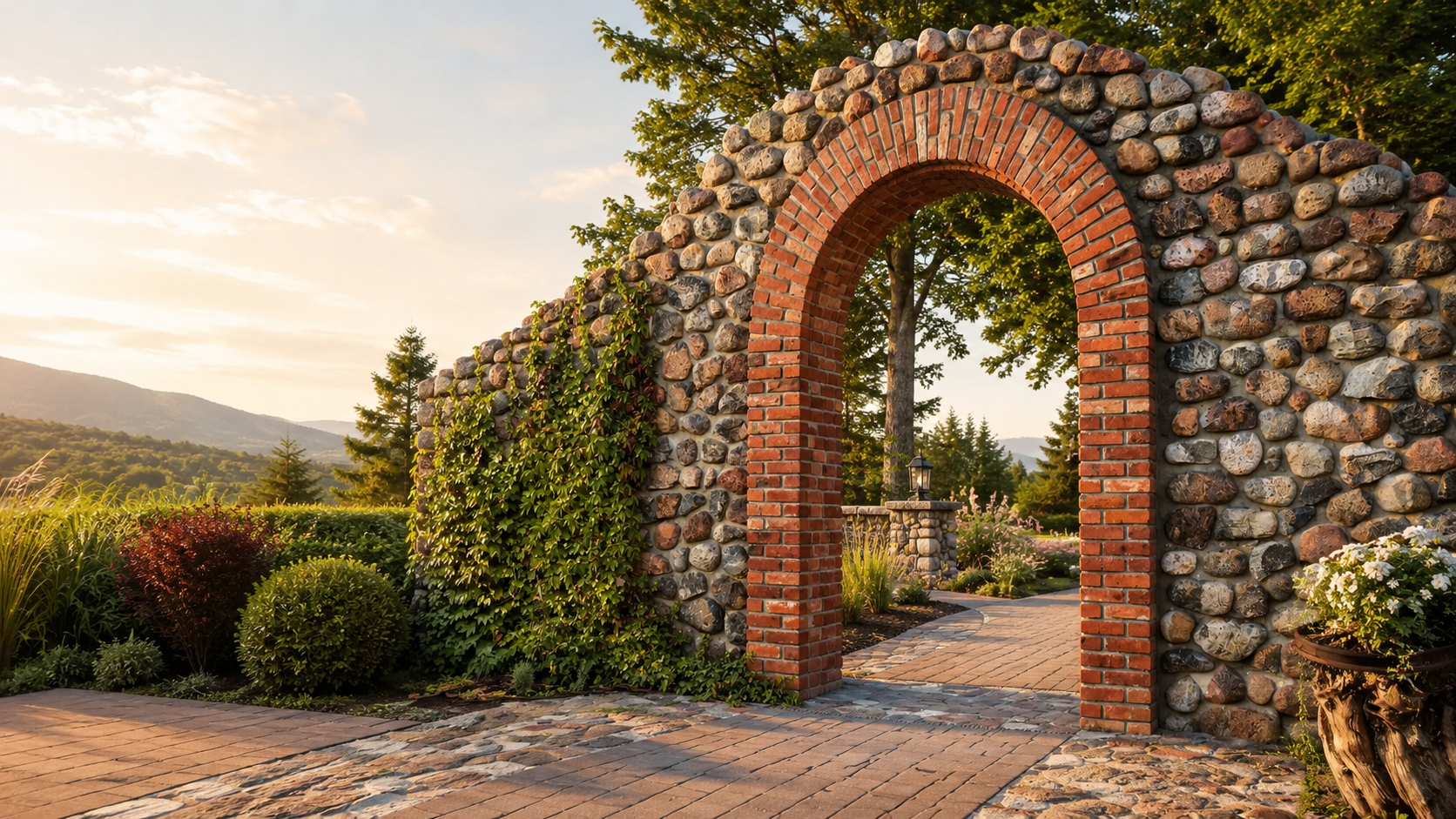 Stone and brick masonry archway at sunset